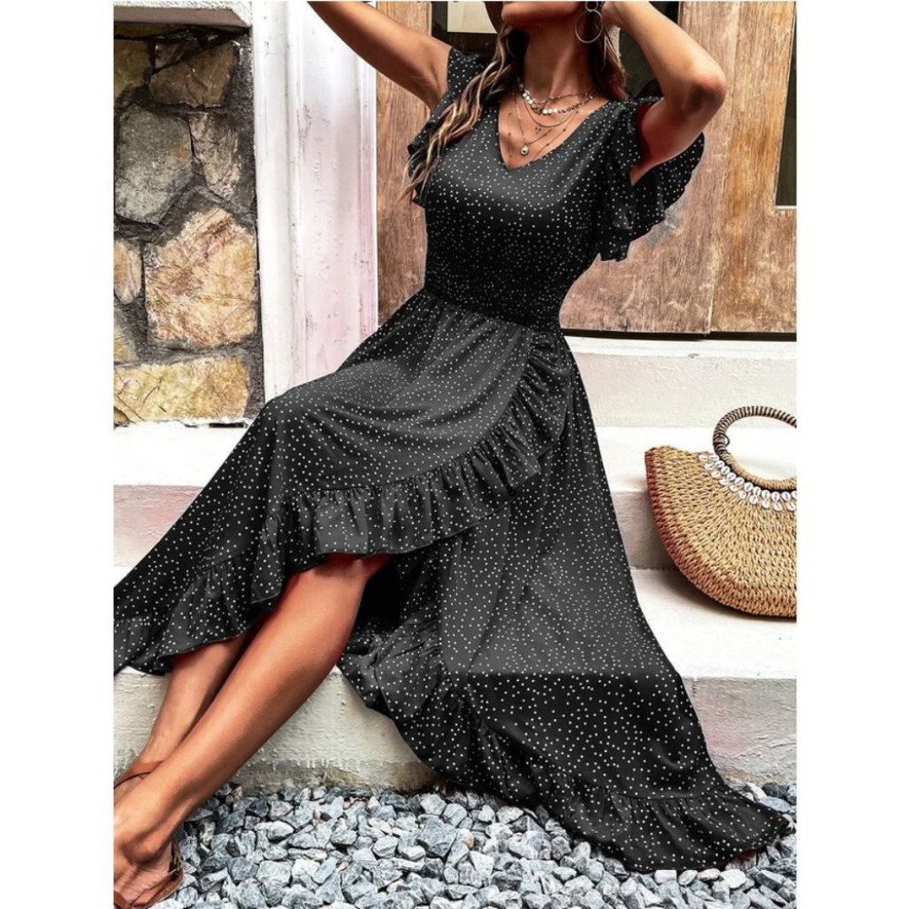 black  Boho Polka Dot Butterfly Sleeve Maxi Dress - Picture 4 of 6